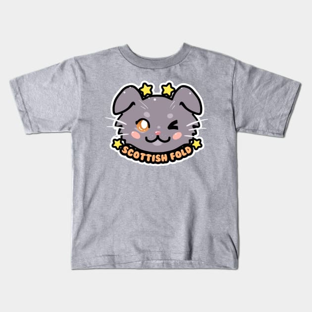 KAWAII Chibi Scottish Fold Cat Face Kids T-Shirt by TechraNova